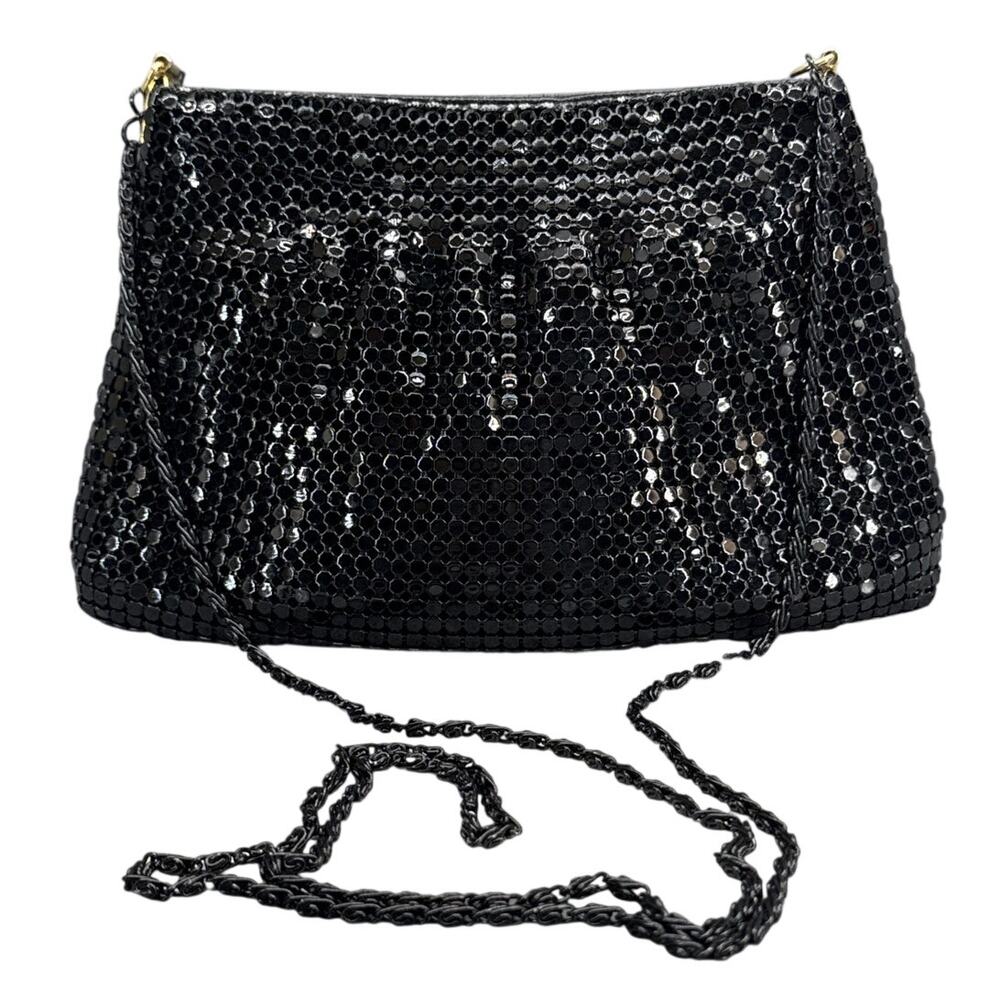 Marlo Vintage Black Metal Mesh Snake Chain Crossbody Evening Clutch Bag Purse